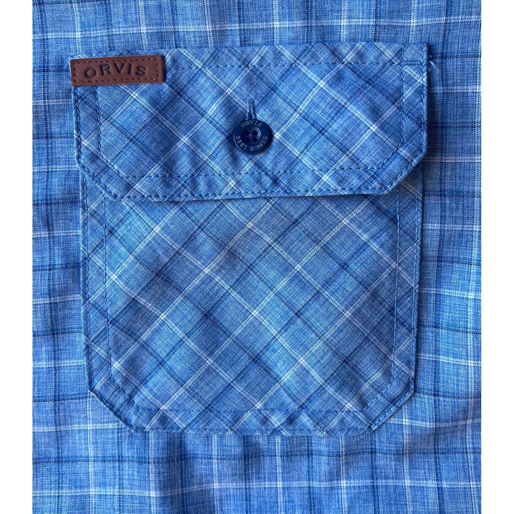 Orvis Mens XL Blue Plaid Short Sleeve Button Down Shirt Mesh Lined Hiking Top - Picture 3 of 7